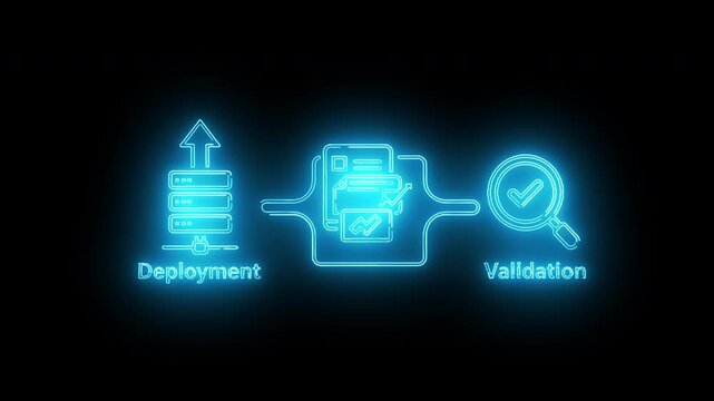 Neon-lit diagram illustrating a software development process with deployment, validation, and testing icons against a black background.