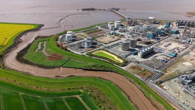 Aerial view of Saltend Chemicals Park and the expansive Humber Estuary looking across to Lincolnshire UK
