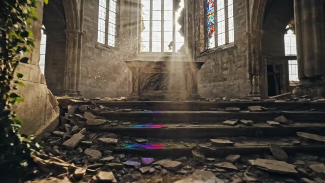 Sunlight rays streaming through high windows into the stone ruins of an abandoned gothic chapel interior with rubble covering the floor and altar