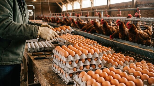 Farmer collecting fresh brown eggs in a carton at a poultry farm with hens in cages in the background