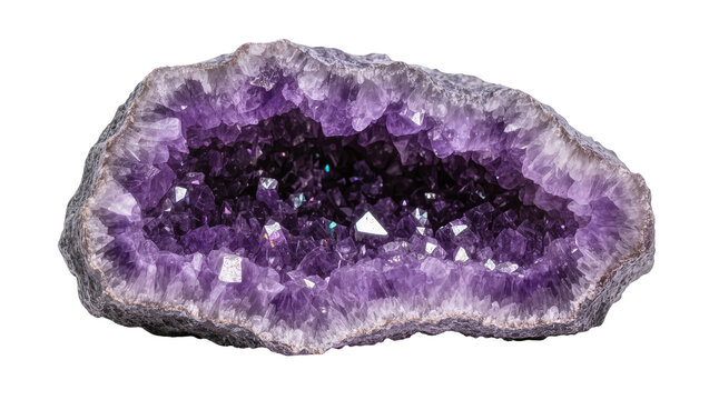 Isolated natural amethyst geode displaying vibrant purple quartz crystals, geological mineral