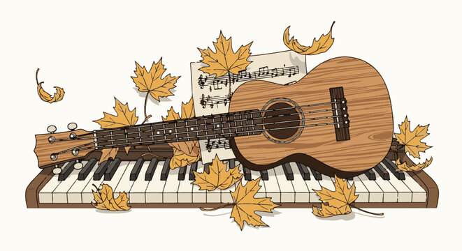 A wooden ukulele rests on a piano keyboard, surrounded by autumn leaves and musical notes