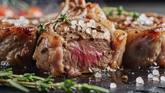 Juicy Lamb Chops Seasoned with Herbs and Sea Salt CloseUp Shot.