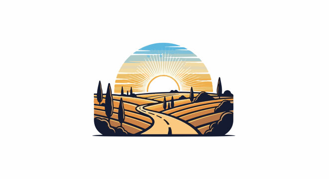 A winding road leads through sun-drenched hills dotted with cypress trees under a radiant sunset