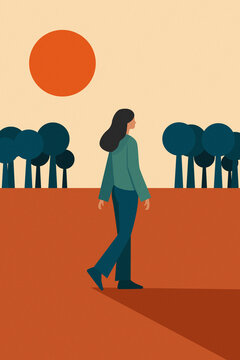 Donna che cammina, sfondo con alberi 