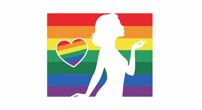 A white silhouette of a woman with a heart on a rainbow flag background