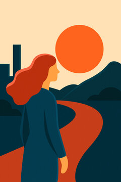 Donna che esplora l'orizzonte, sfondo con strada e montagne