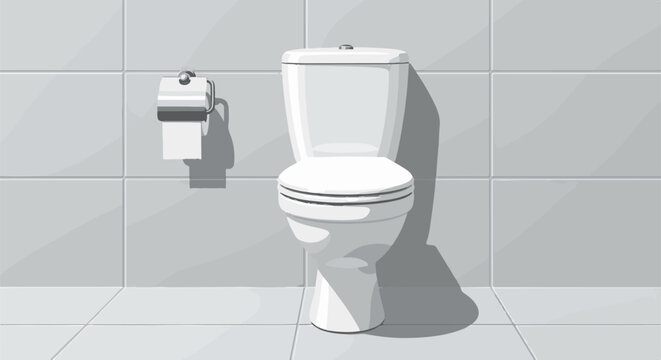 A white toilet sits in a tiled bathroom with a roll of toilet paper