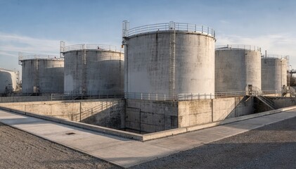 Obraz premium Medium shot of a tank farm featuring vertical storage tanks enclosed by reinforced concrete containment dikes and safety railings under clear sky conditions.