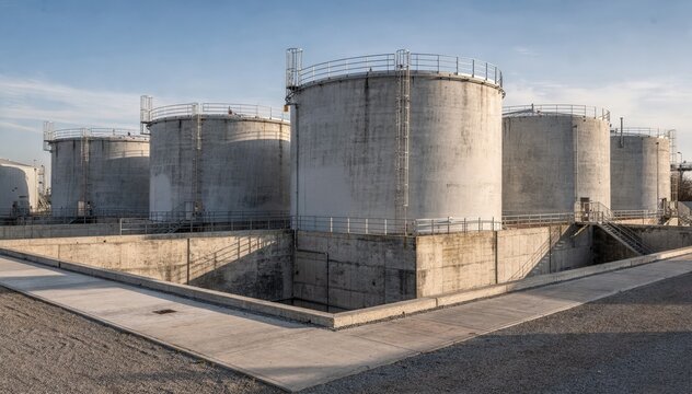 Medium shot of a tank farm featuring vertical storage tanks enclosed by reinforced concrete containment dikes and safety railings under clear sky conditions.