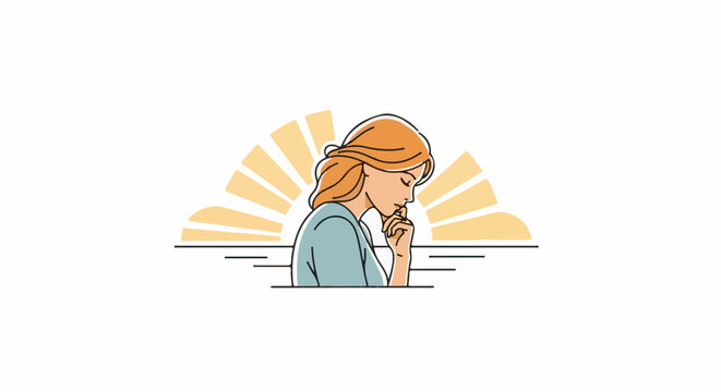 A woman with auburn hair in a light blue shirt, deep in thought, with a sunburst behind her