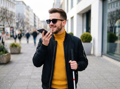 Young blind man walking in the city, using a smartphone to send a voice message while holding a white cane