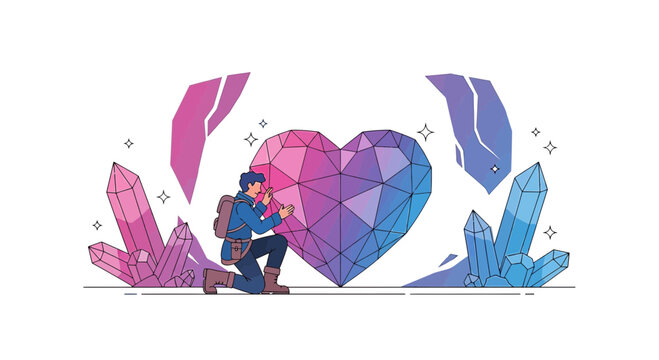 Man Discovering Geometric Crystal Heart Surrounded by Gemstones, Symbolizing Love and Discovery