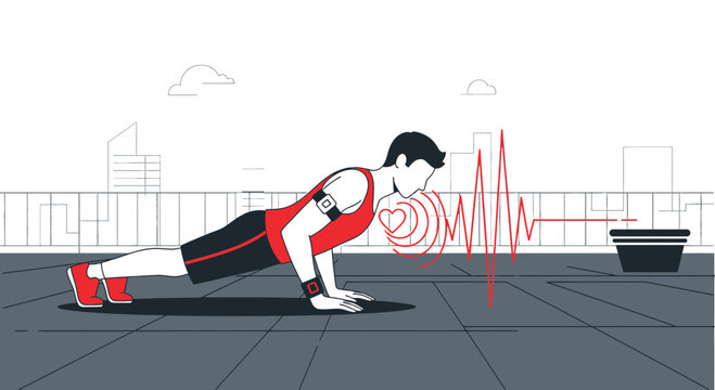 Man doing push-ups with heart rate monitor, fitness and health concept