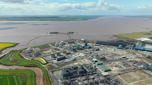 Aerial view of Saltend Chemicals Park and the expansive Humber Estuary looking across to Lincolnshire UK