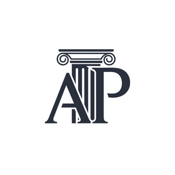 AP Letter Logo with Classical Pillar Column Icon, Professional Legal Architecture Branding on Isolated White Background