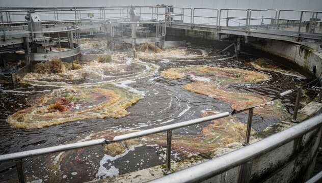 Medium shot of a flocculation tank in an effluent treatment plant with swirling colored wastewater undergoing chemical coagulation for pollutant removal.