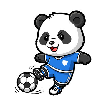 Cute cartoon panda playing soccer, dribbling the ball in a blue jersey, sports animal mascot character illustration.
