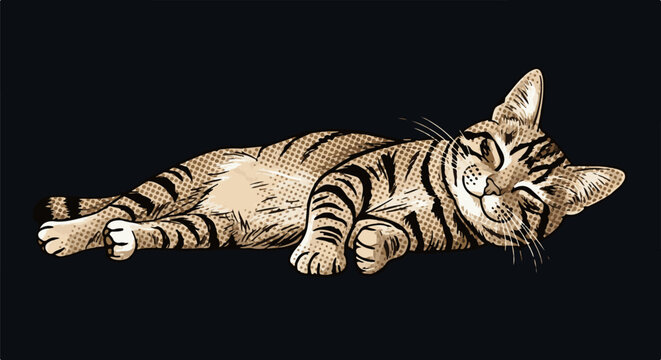 A tabby cat naps peacefully on a dark background, with a vintage comic book art style