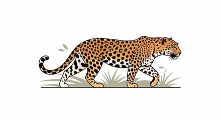 A stylized leopard walks gracefully across a white background with a hint of green grass