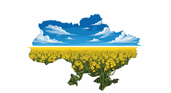A stylized map of Ukraine filled with a vibrant yellow rapeseed field under a blue sky with clouds