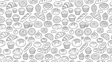 Fototapeta premium Bakery Items Seamless Pattern Line Art