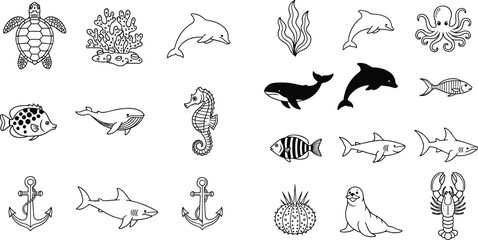 Obraz premium Ocean wildlife outline icon collection featuring dolphin, whale, shark, turtle, octopus, seahorse, coral, anchor and marine creatures in clean vector line style