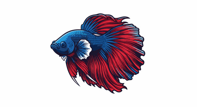 A vibrantly colored betta fish with flowing red and blue fins, depicted in a detailed illustrative style