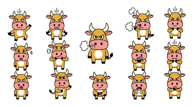 A group of cartoon cows are jumping and standing in a field