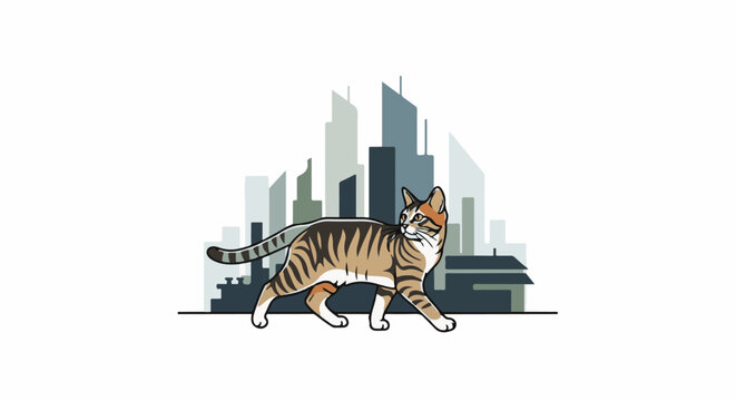 A stylized tabby cat walks with a cityscape silhouette in the background