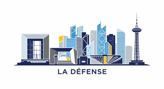 A stylized illustration of the La D&eacute;fense business district skyline in Paris, featuring geometric skyscrapers and a distinctive tower