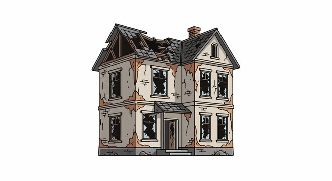 A two-story dilapidated house with a broken roof, damaged walls, and shattered windows stands isolated