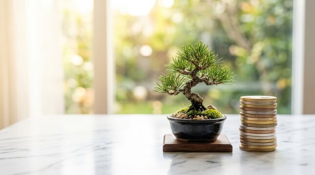 Miniature bonsai tree and stacked international coins on polished white marble table illuminated by bright natural light, symbolizing financial growth and long-term investment strategy.