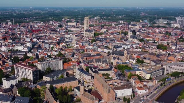 Aerial view around the city Mechelen in Belgium on a sunny morning in summer