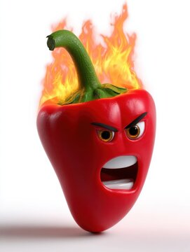 Red chili pepper burning with angry face on white background