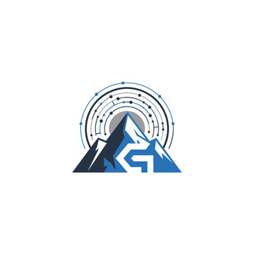 Abstract Digital Technology Circular Lines and Mountains with Letter G Logo on Isolated White Background