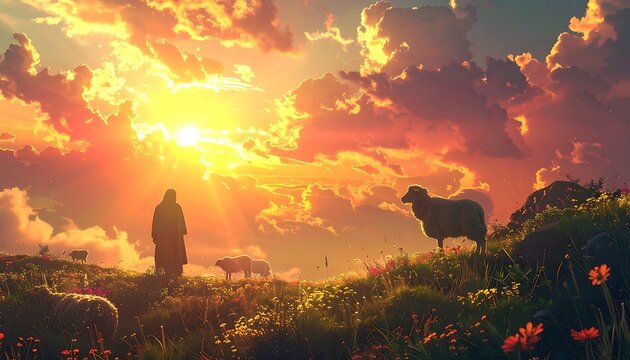 Pastoral sunrise flock scene