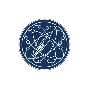Medical Syringe within Abstract Circular Network Science Logo on Isolated White Background