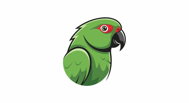 A stylized green parrot with a red eye ring and a black beak on a white background