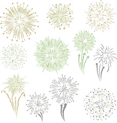 Obraz premium Sparkling Fireworks and Starburst Vector Set, Gold and Silver Festive Celebration Icons, Luxury Firework Display Elements for New Year and Events