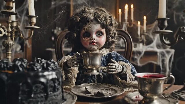 Vintage creepy doll sitting at a dining table with silver cups and a dark chocolate cake in a dusty room decorated for a spooky halloween event