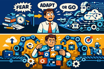 Fototapeta premium Businessman facing adapt or go dilemma, integrating new skills and technology concepts, overcoming fear of automation