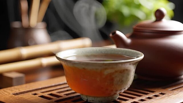 Traditional Chinese Tea Ceremony with Steaming Cup and Teapot.