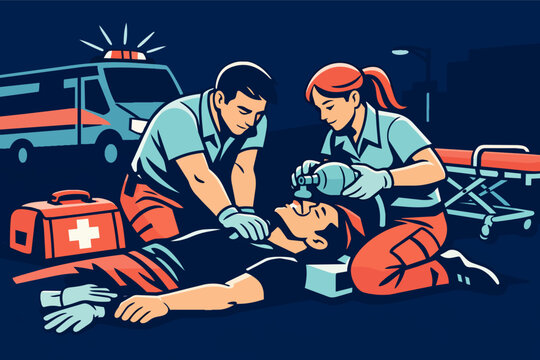 Paramedics performing cpr and providing oxygen with an ambulance and medical equipment during a street emergency