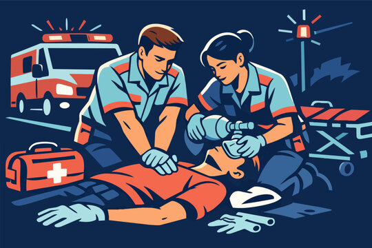 Healthcare professionals delivering critical medical assistance, resuscitation, and life support on site