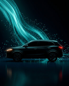 Side profile of a modern dark luxury suv driving through a tunnel of glowing blue neon light streaks representing speed with technology automotive performance abstract transportation innovative