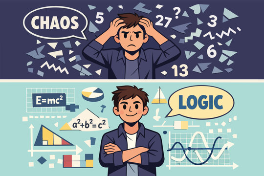 Person experiencing confusion and stress with numbers and shapes, then finding logic and order with equations and diagrams