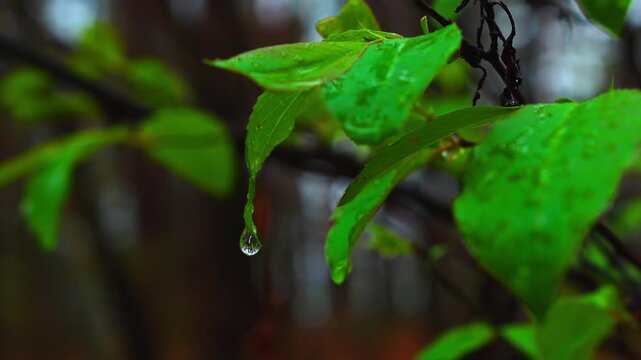  Leuchtend gr&uuml;ne Laubbl&auml;tter im Regen mit einem gro&szlig;en, klaren Wassertropfen im Fokus. Makro-Video im Hochformat mit stimmungsvollem Wald-Hintergrund. 32-Bit Original-Audioaufnahme von sanftem Regen 