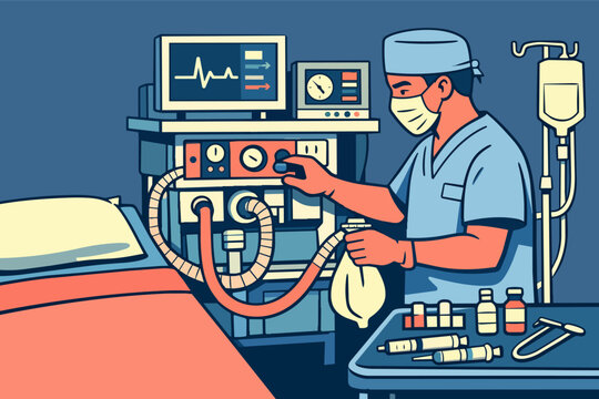 Medical professional maintaining ventilator and monitoring heart rate for patient in hospital intensive care unit