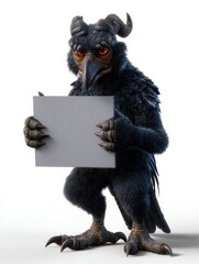 Naklejka premium Anthropomorphic raven creature holding blank sign in studio